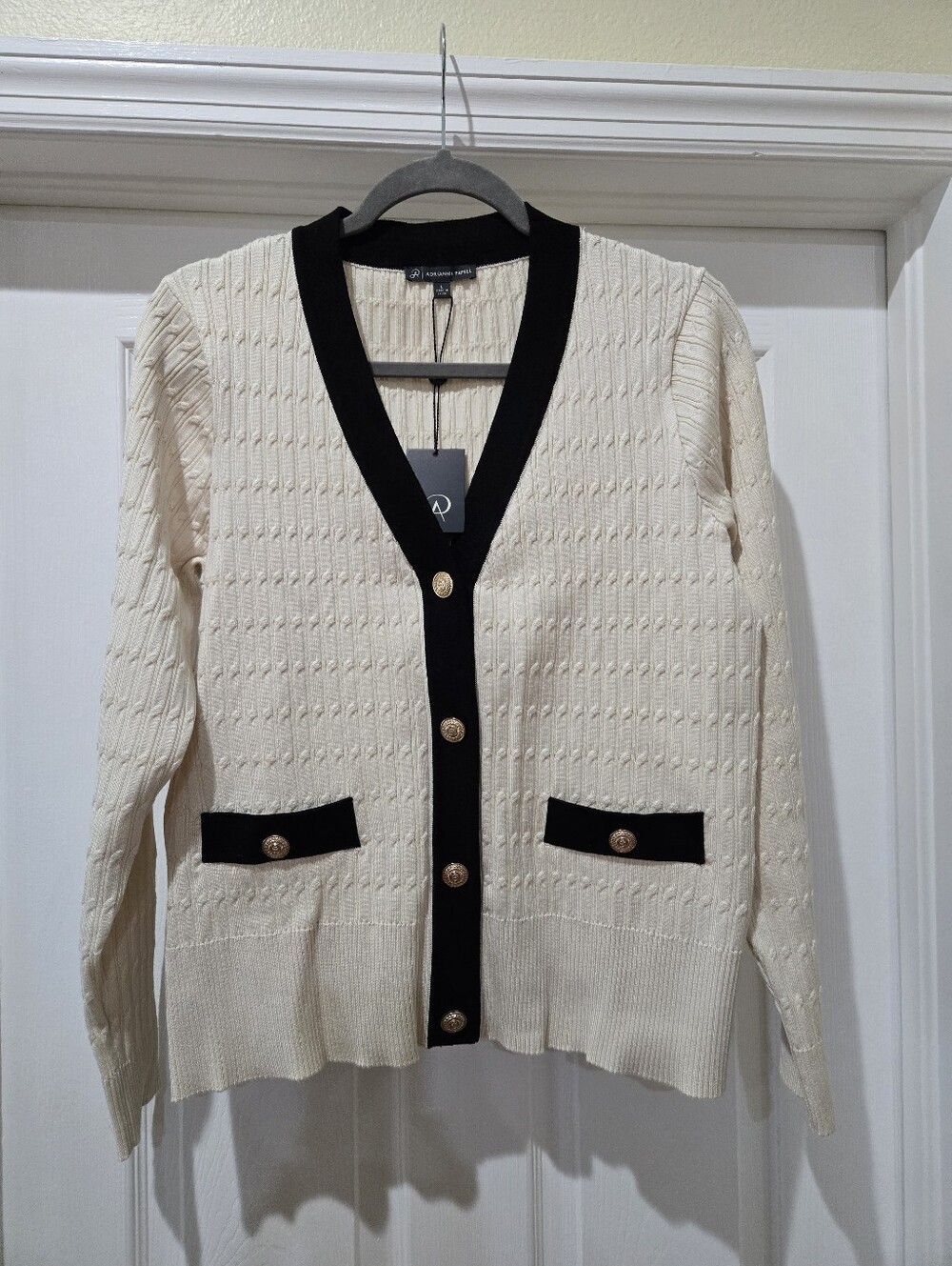 Adrianna Papell Cream Cardigan with Black Trim and Gold Buttons